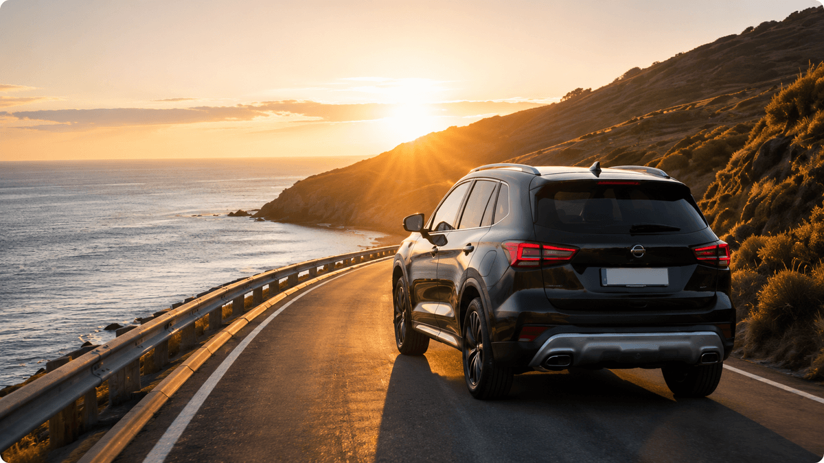 Car photo with sunset in the background